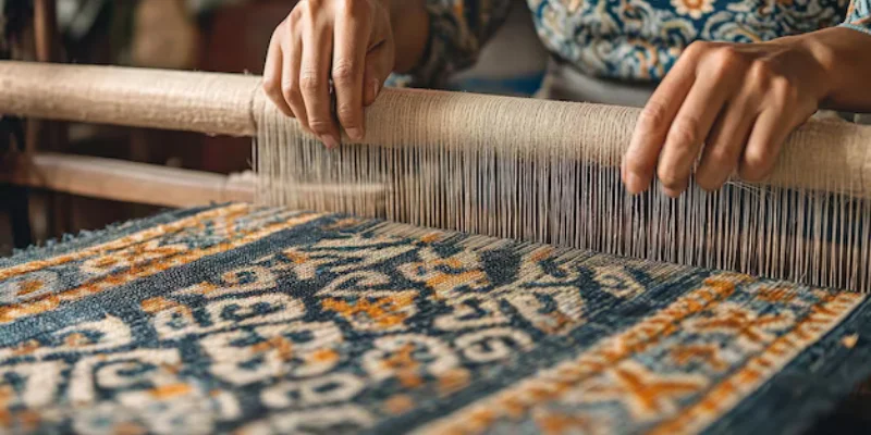 Wicker chair on blue rug